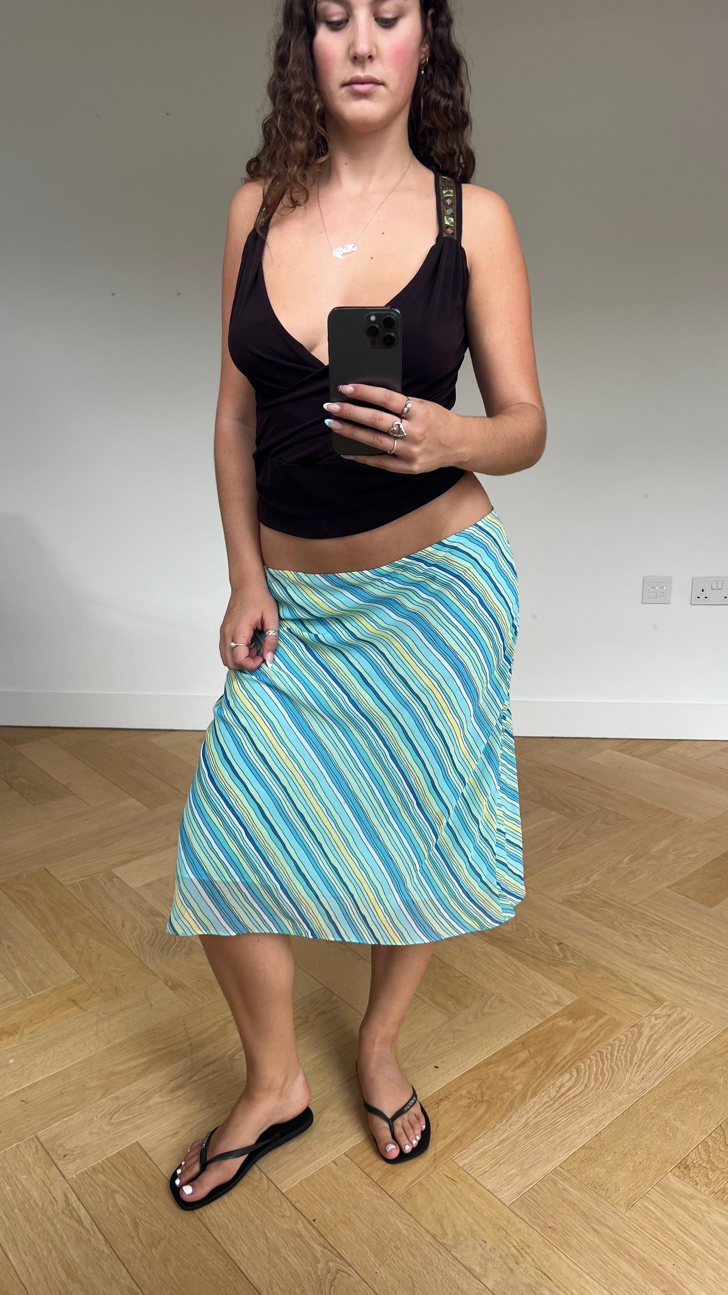 00s blue striped midi skirt- size M