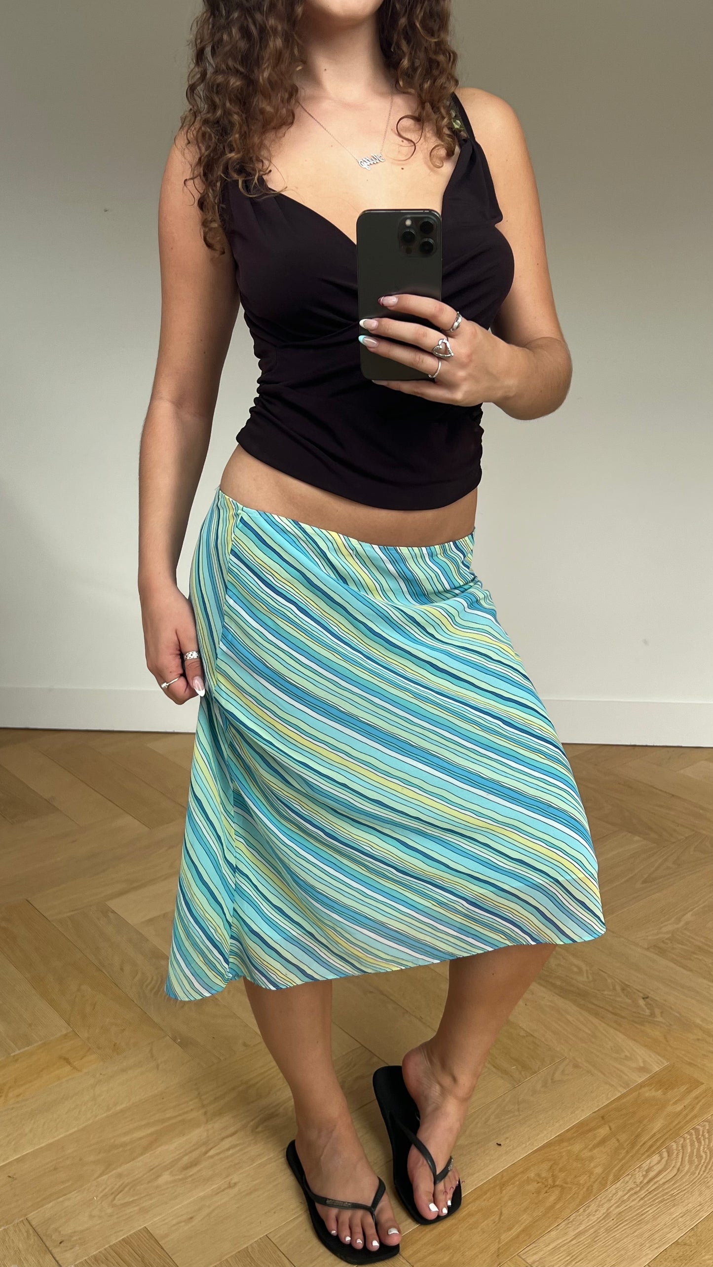 00s blue striped midi skirt- size M