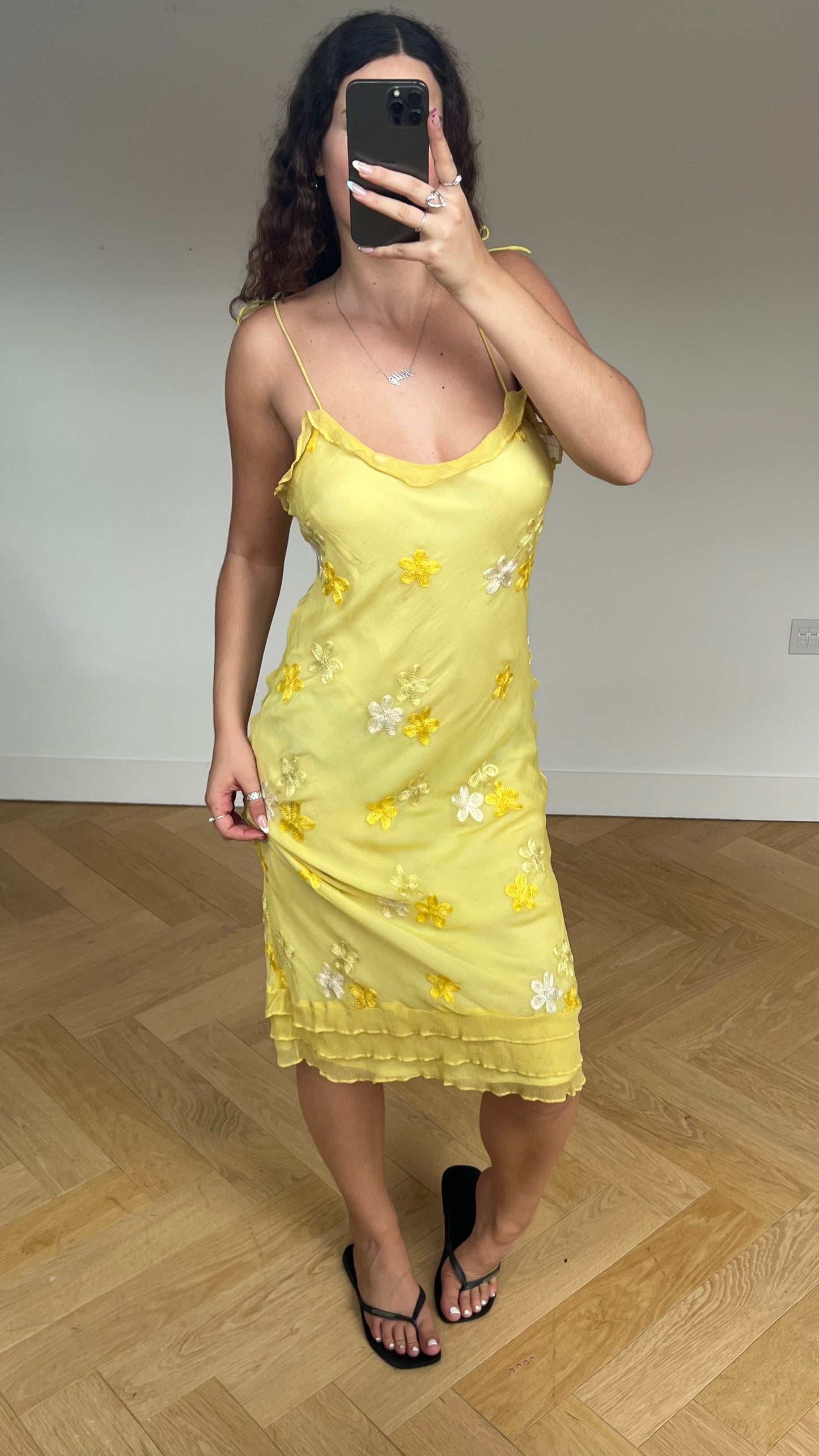 00s yellow floral midi dress- size M