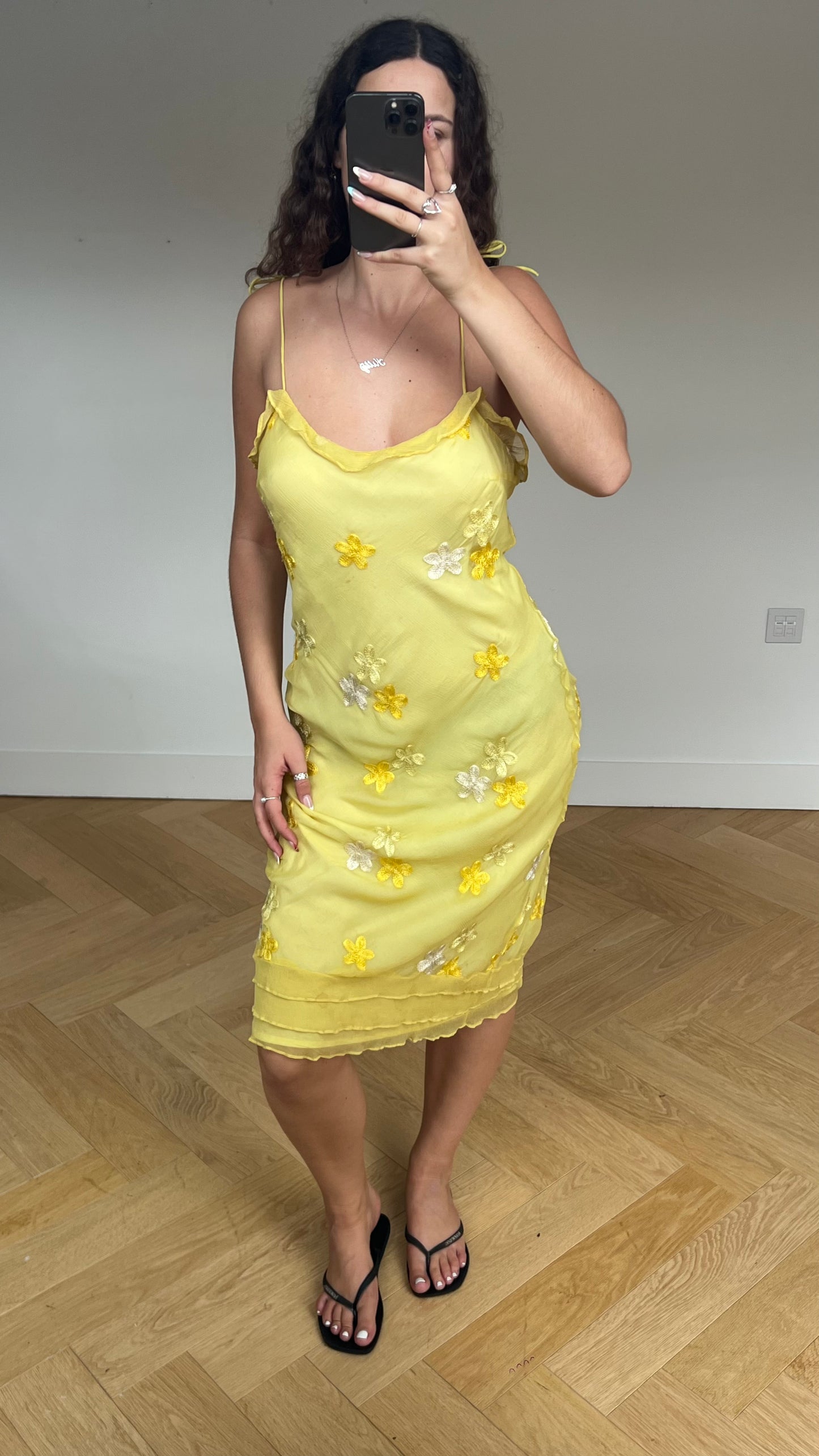 00s yellow floral midi dress- size M