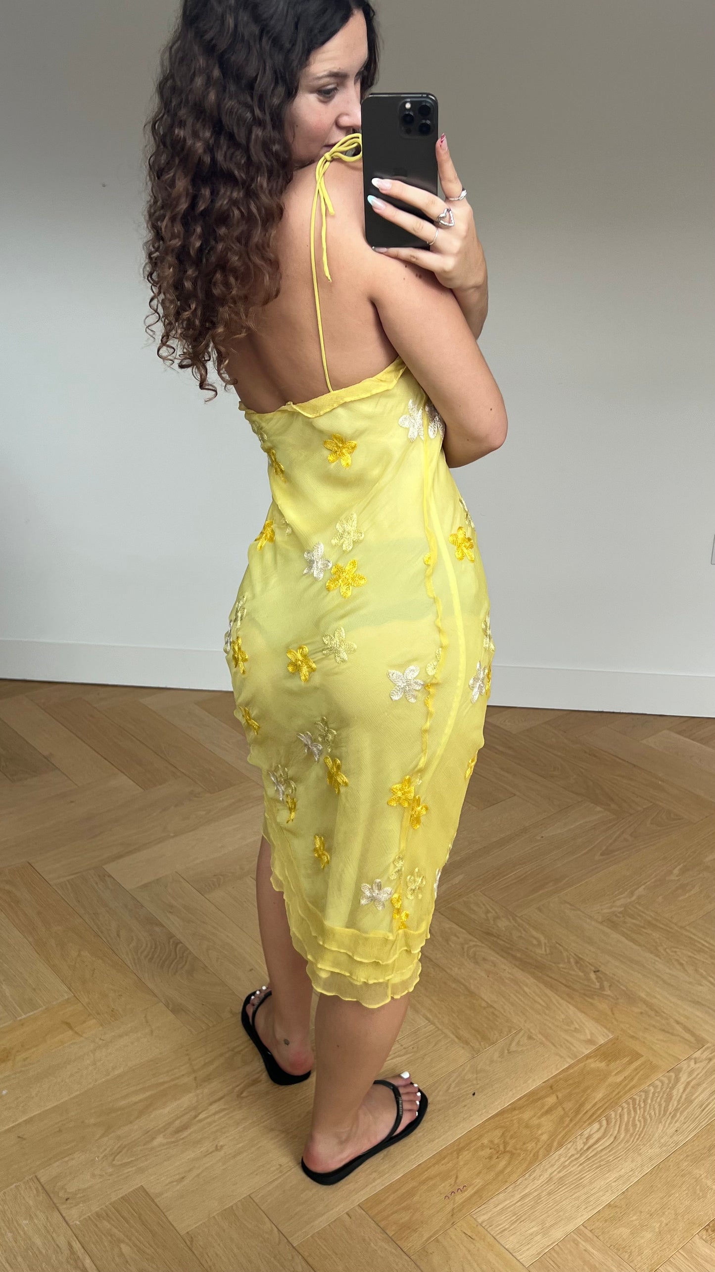 00s yellow floral midi dress- size M