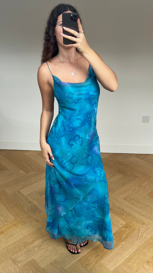 00s blue floral maxi dress- size M