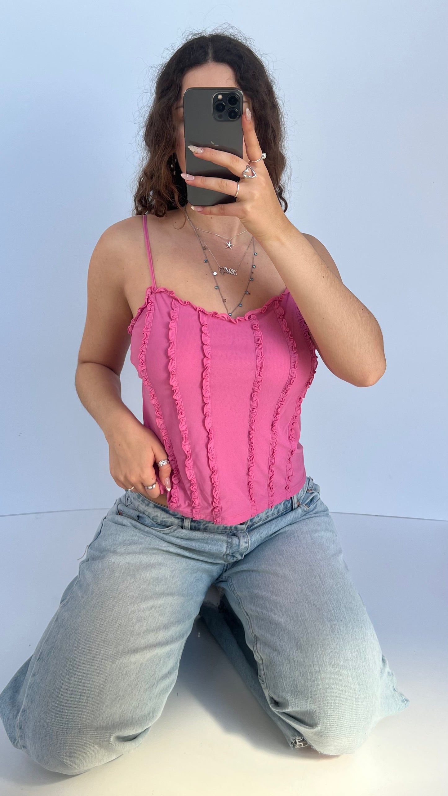 00s pink mesh ruffle cami- size M