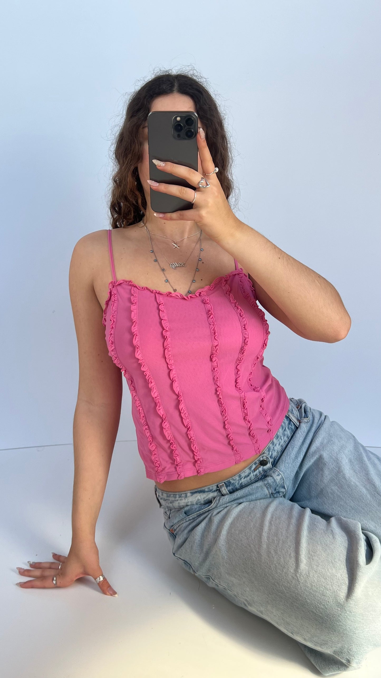 00s pink mesh ruffle cami- size M
