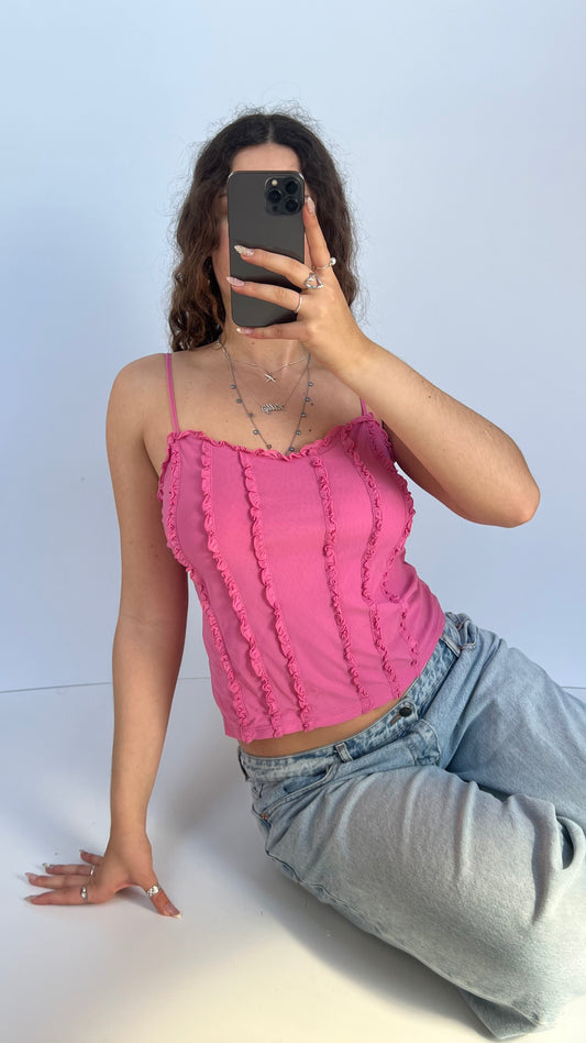 00s pink mesh ruffle cami- size M