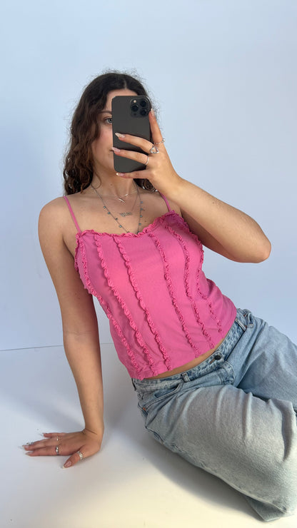 00s pink mesh ruffle cami- size M