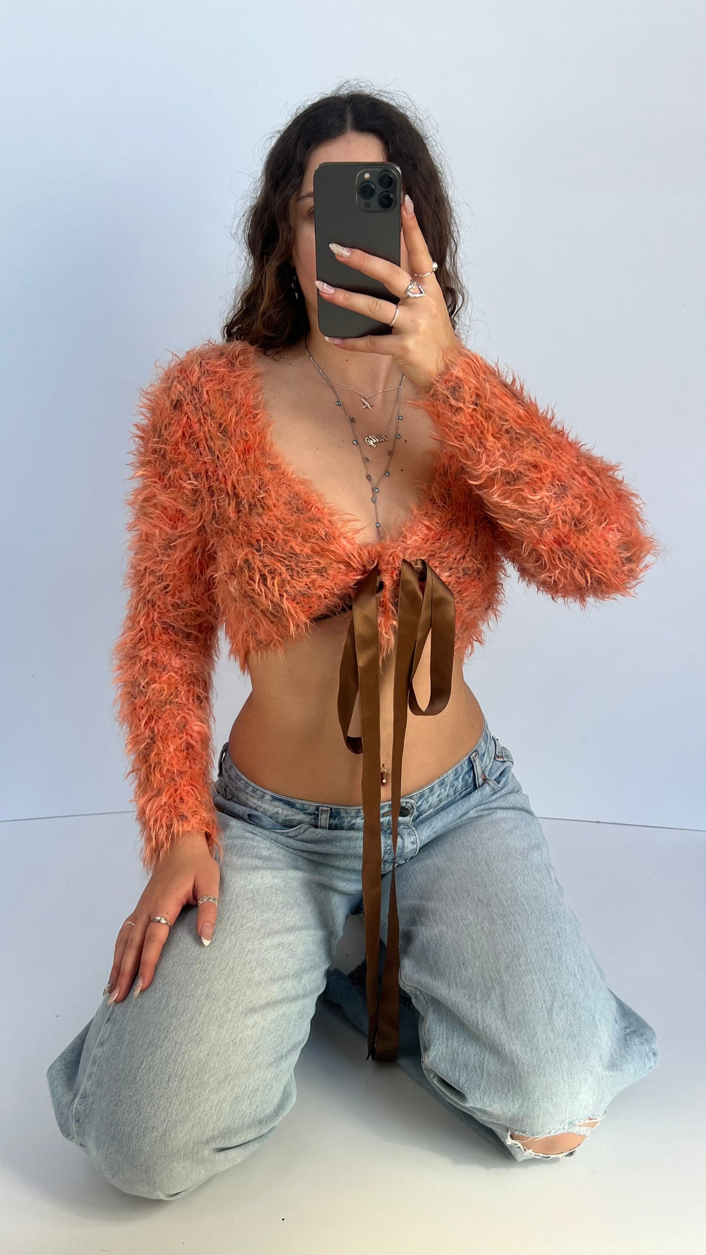 00s orange fluffy long sleeve top- size S/M