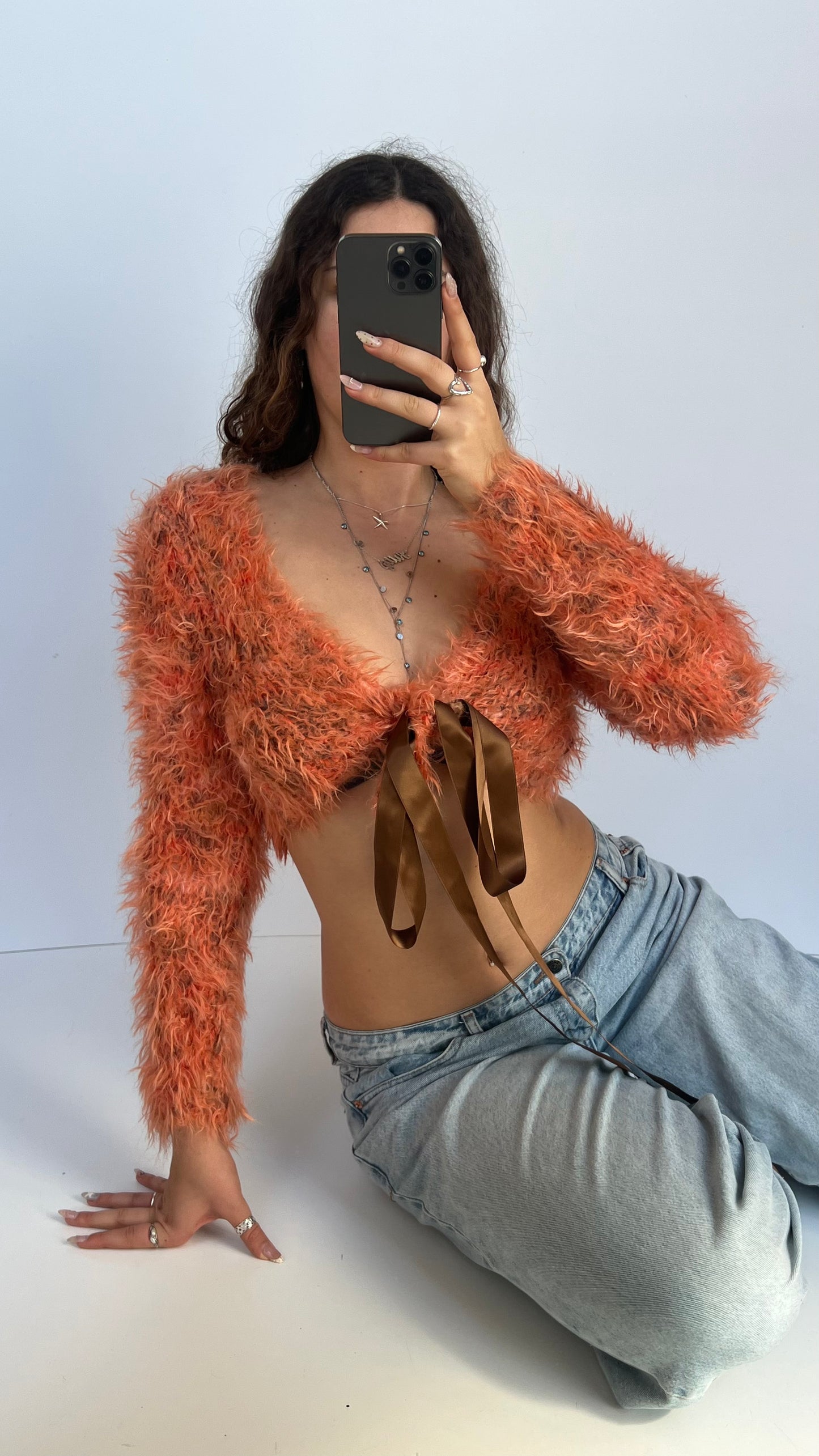 00s orange fluffy long sleeve top- size S/M