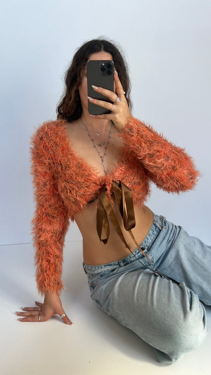 00s orange fluffy long sleeve top- size S/M
