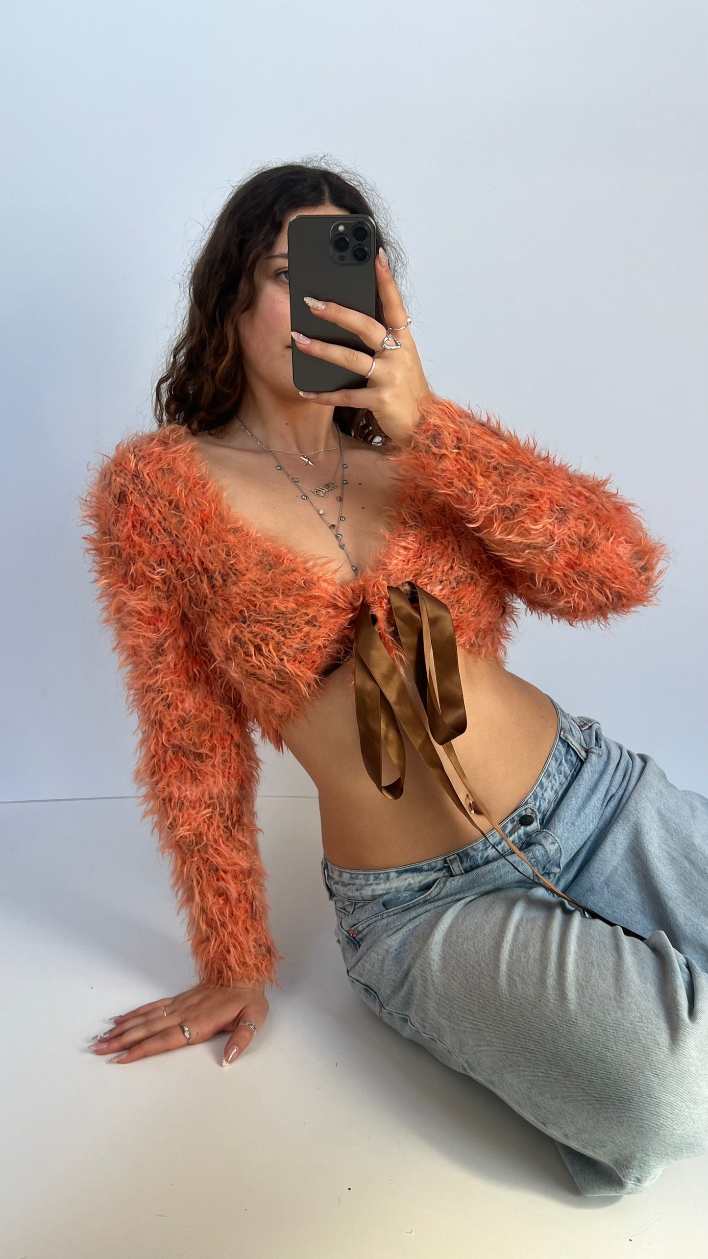 00s orange fluffy long sleeve top- size S/M
