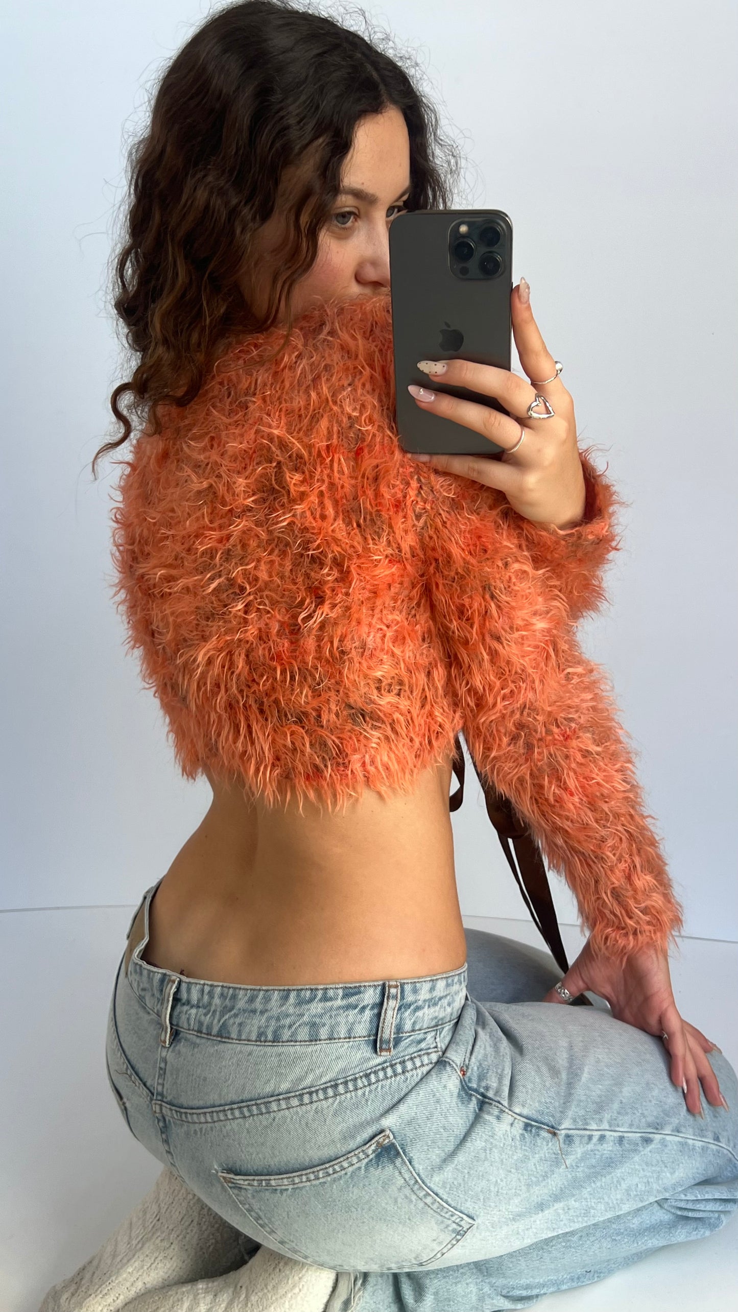 00s orange fluffy long sleeve top- size S/M