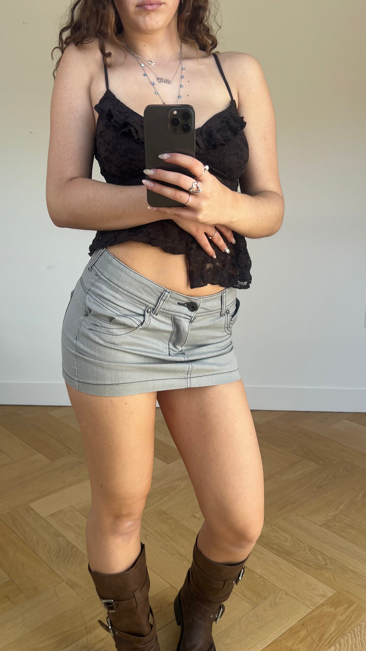 00s grey denim mini skirt- size M