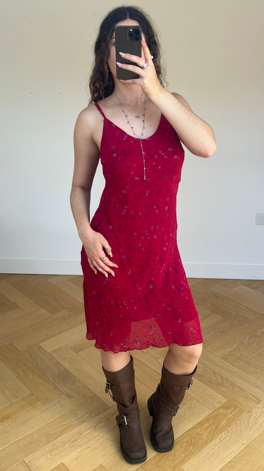 00s red floral mesh midi dress- size M