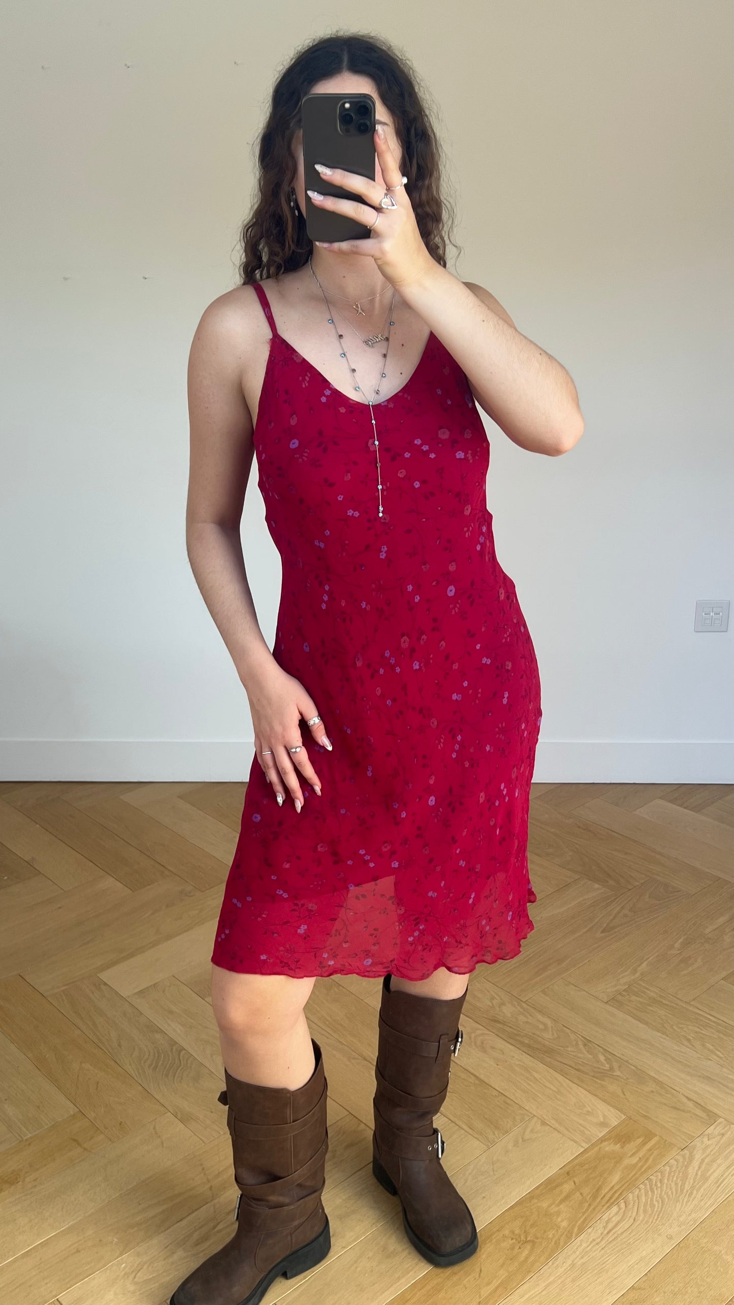 00s red floral mesh midi dress- size M
