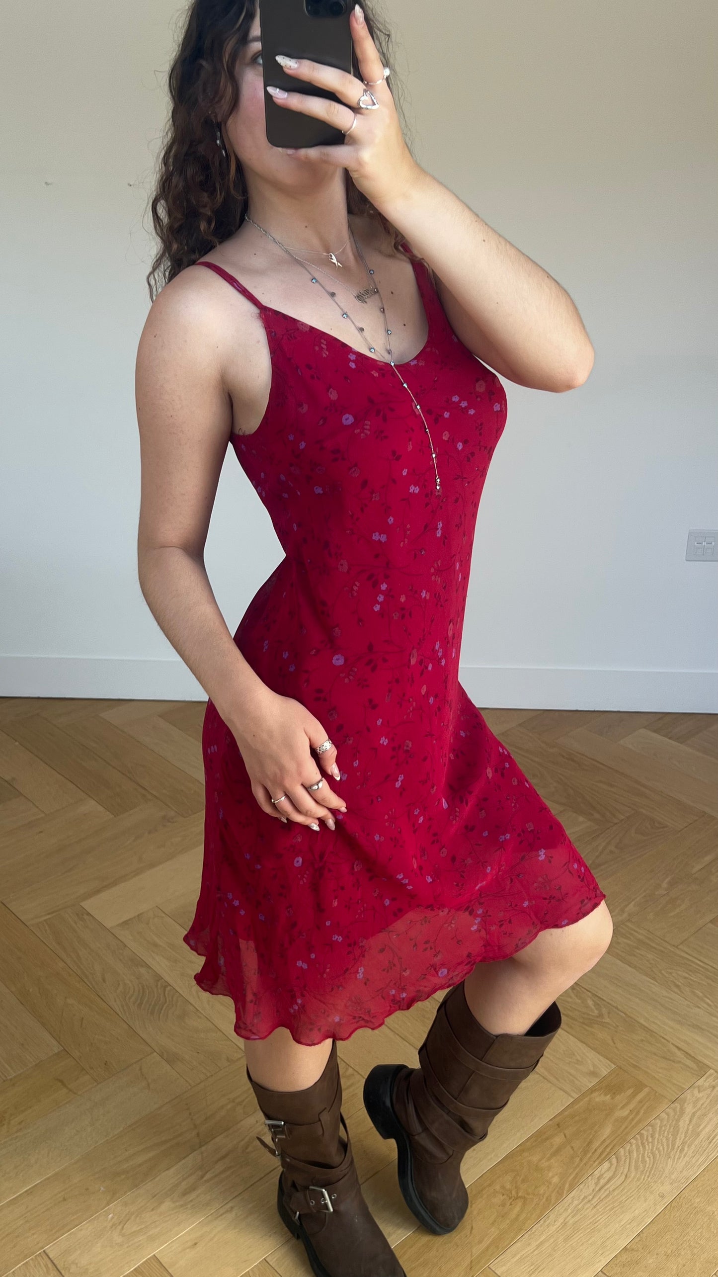 00s red floral mesh midi dress- size M
