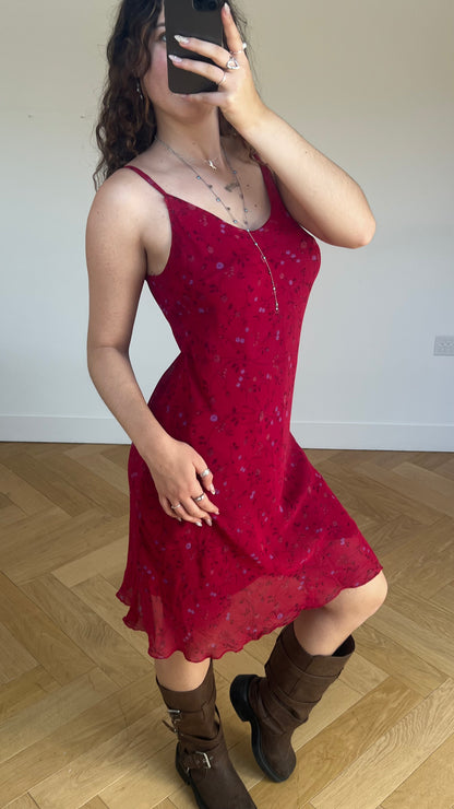 00s red floral mesh midi dress- size M
