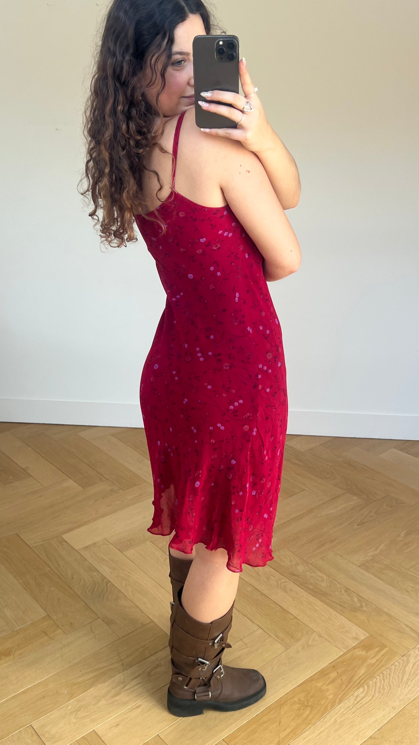 00s red floral mesh midi dress- size M