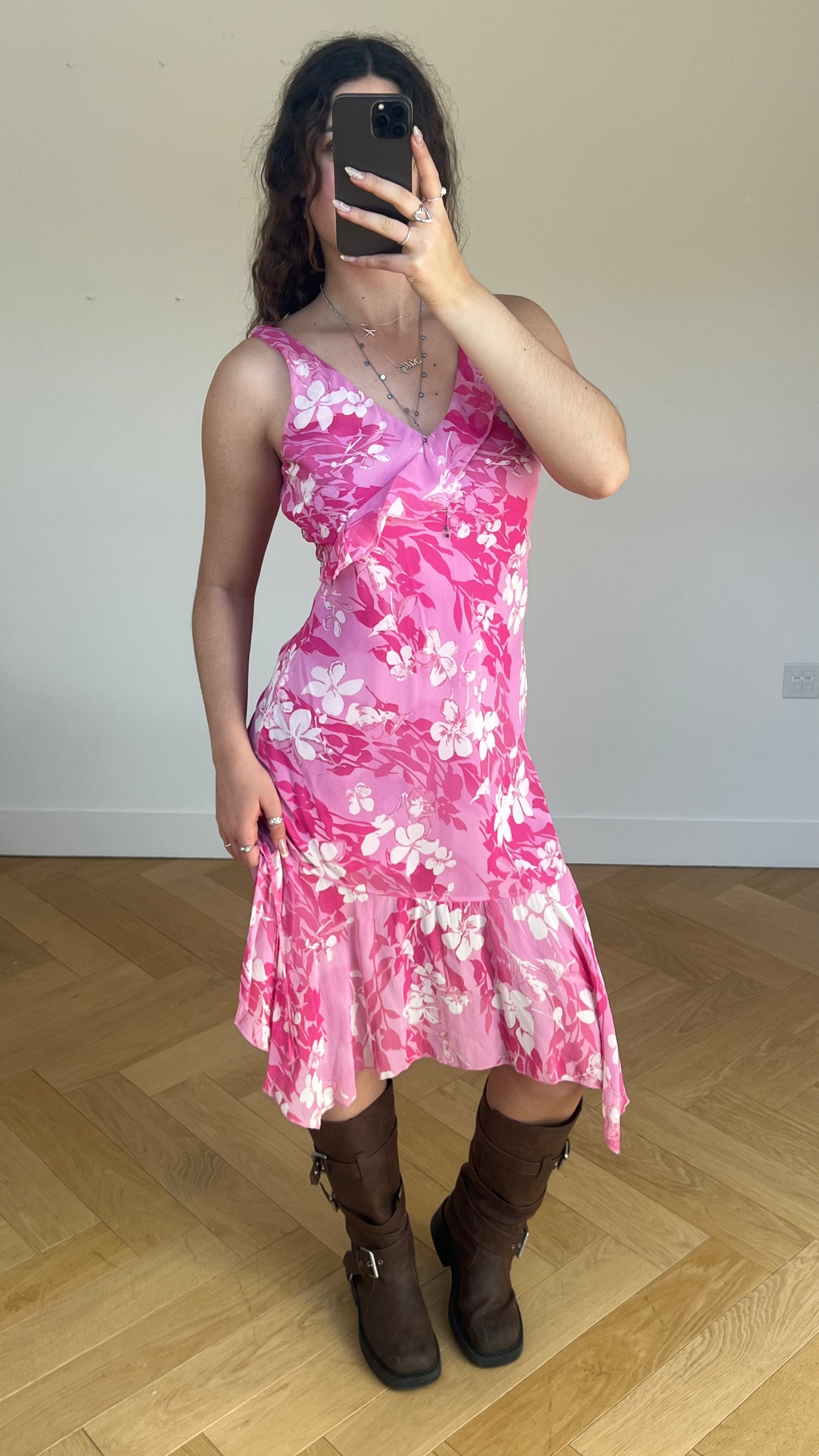 00s pink floral mesh midi dress- size M
