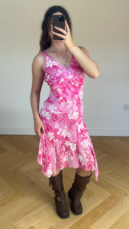 00s pink floral mesh midi dress- size M