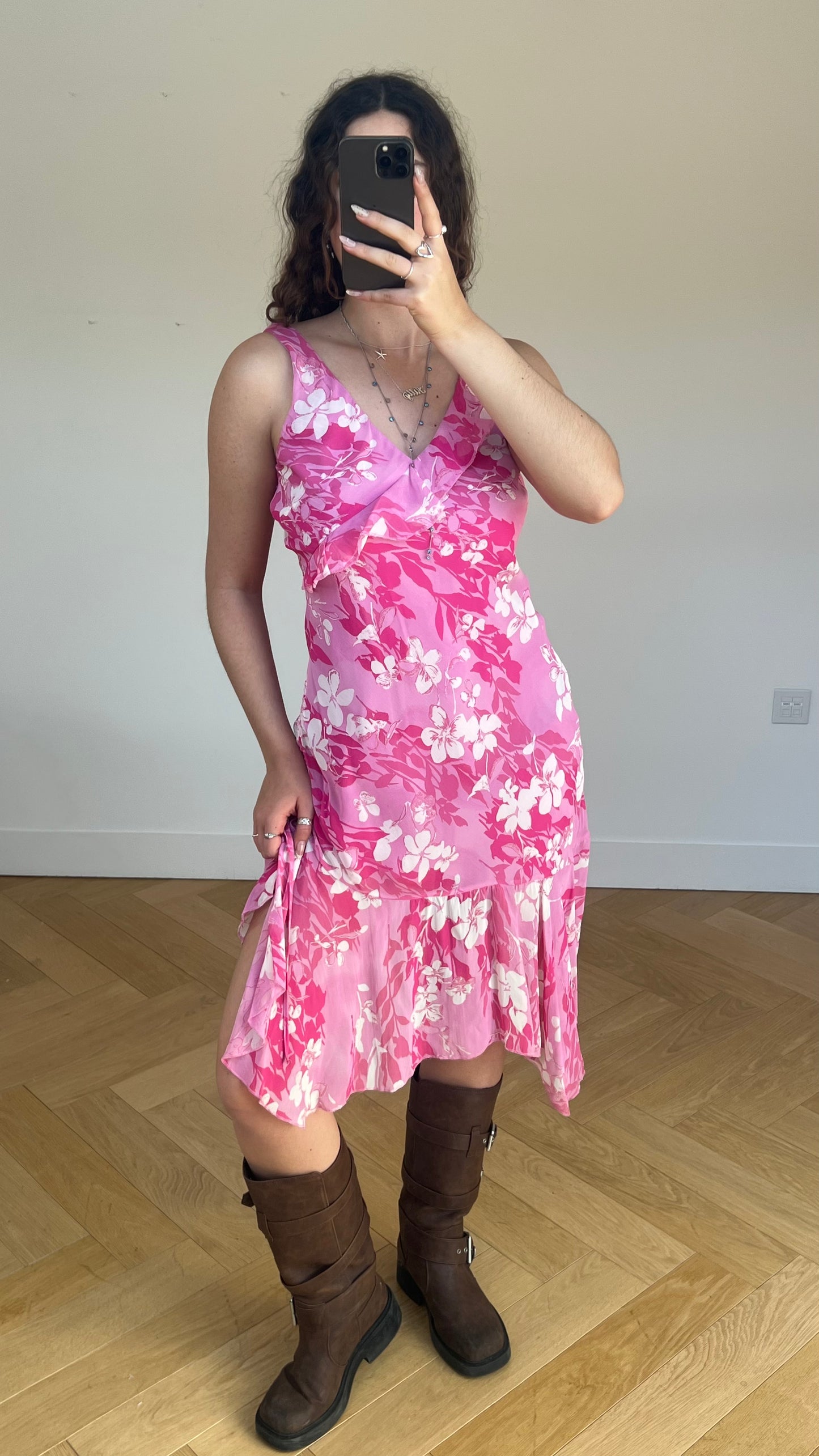 00s pink floral mesh midi dress- size M