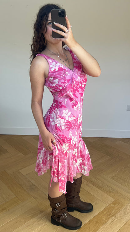 00s pink floral mesh midi dress- size M