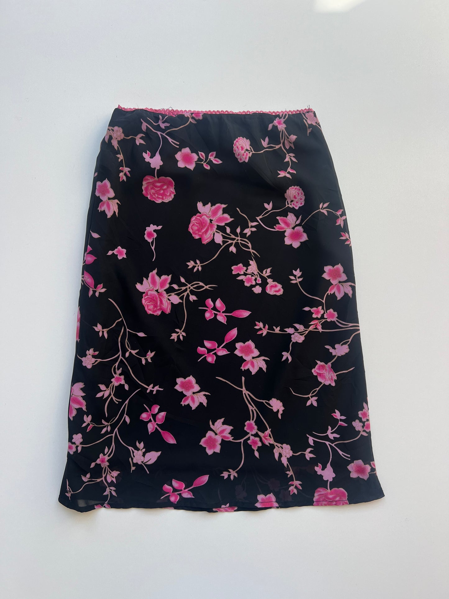 00s black pink floral midi skirt- size S