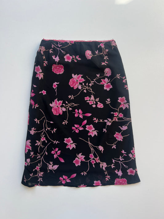00s black pink floral midi skirt- size S