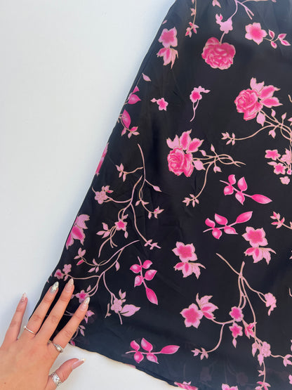 00s black pink floral midi skirt- size S
