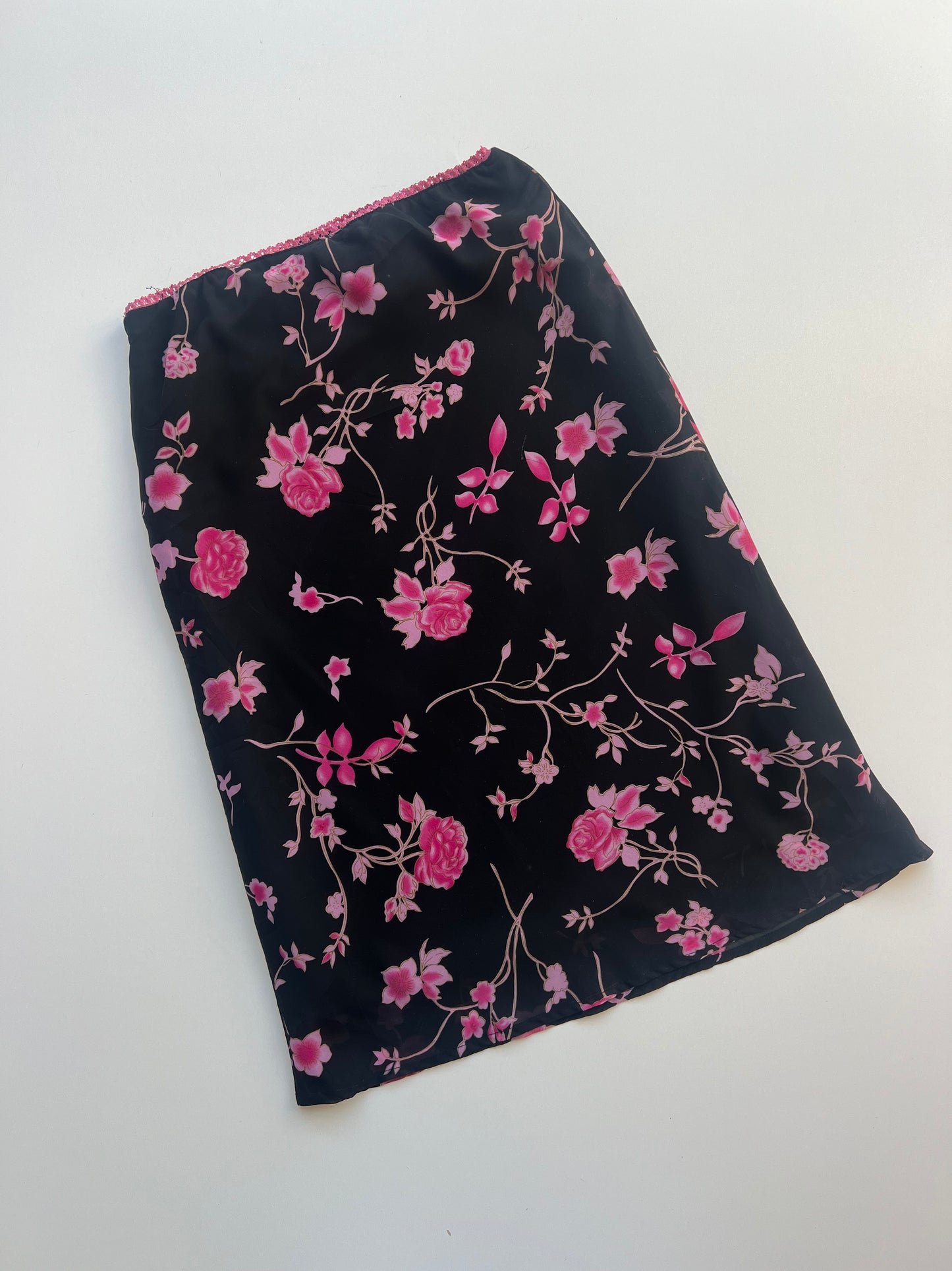 00s black pink floral midi skirt- size S