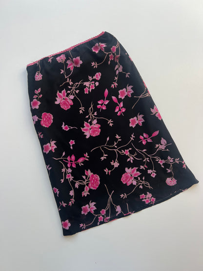 00s black pink floral midi skirt- size S