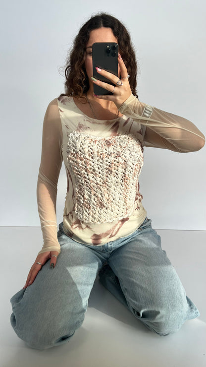 00s cream knit mesh top- size M