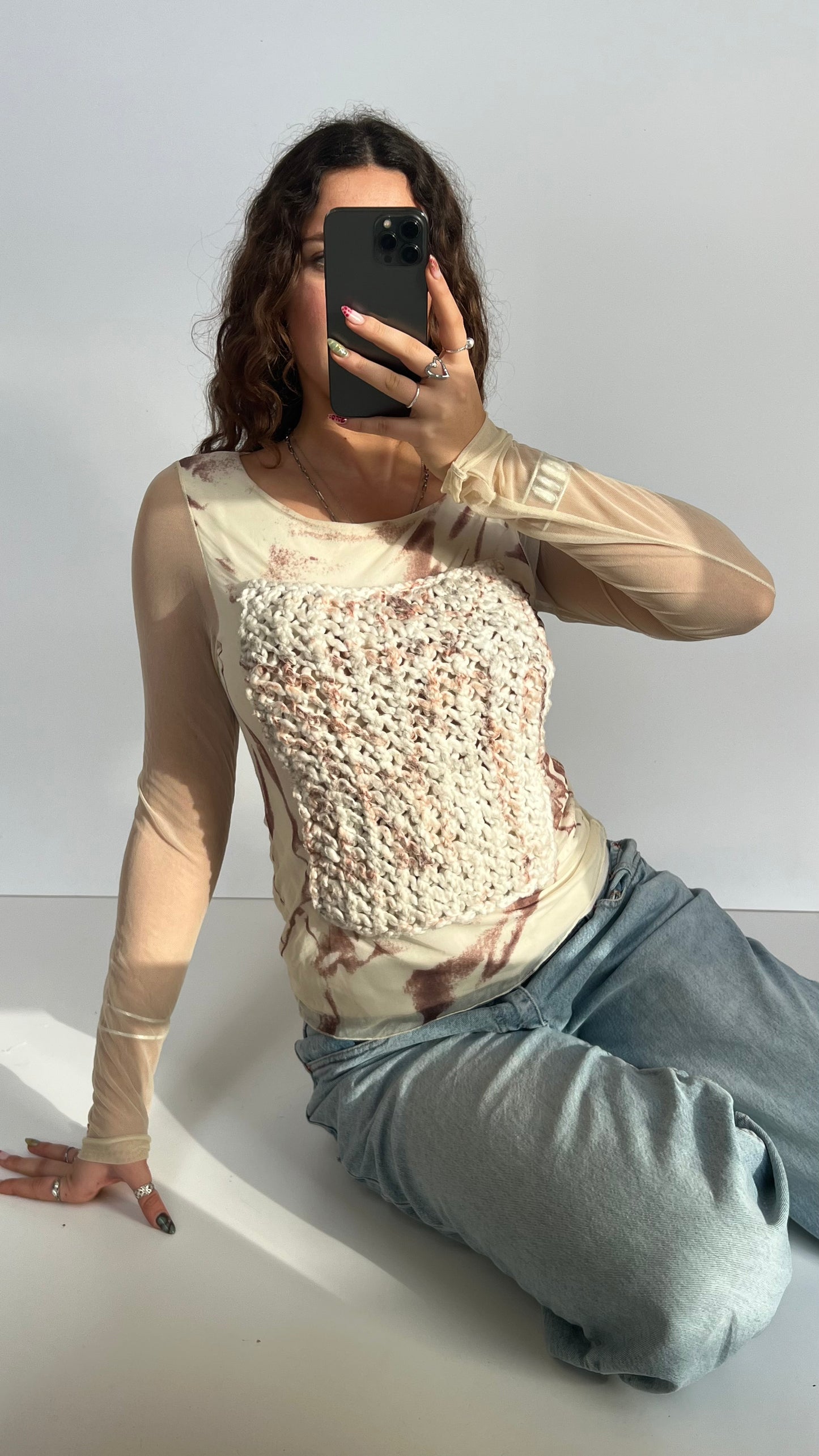 00s cream knit mesh top- size M