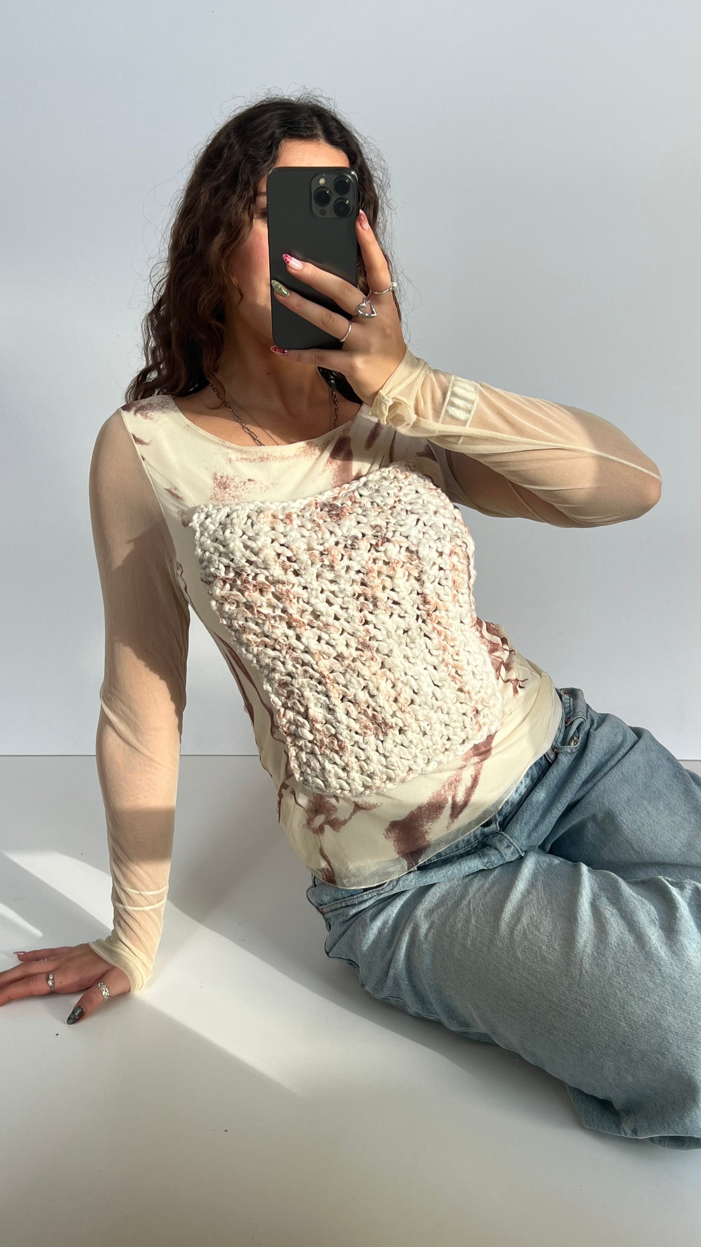 00s cream knit mesh top- size M