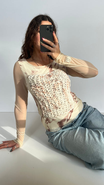00s cream knit mesh top- size M