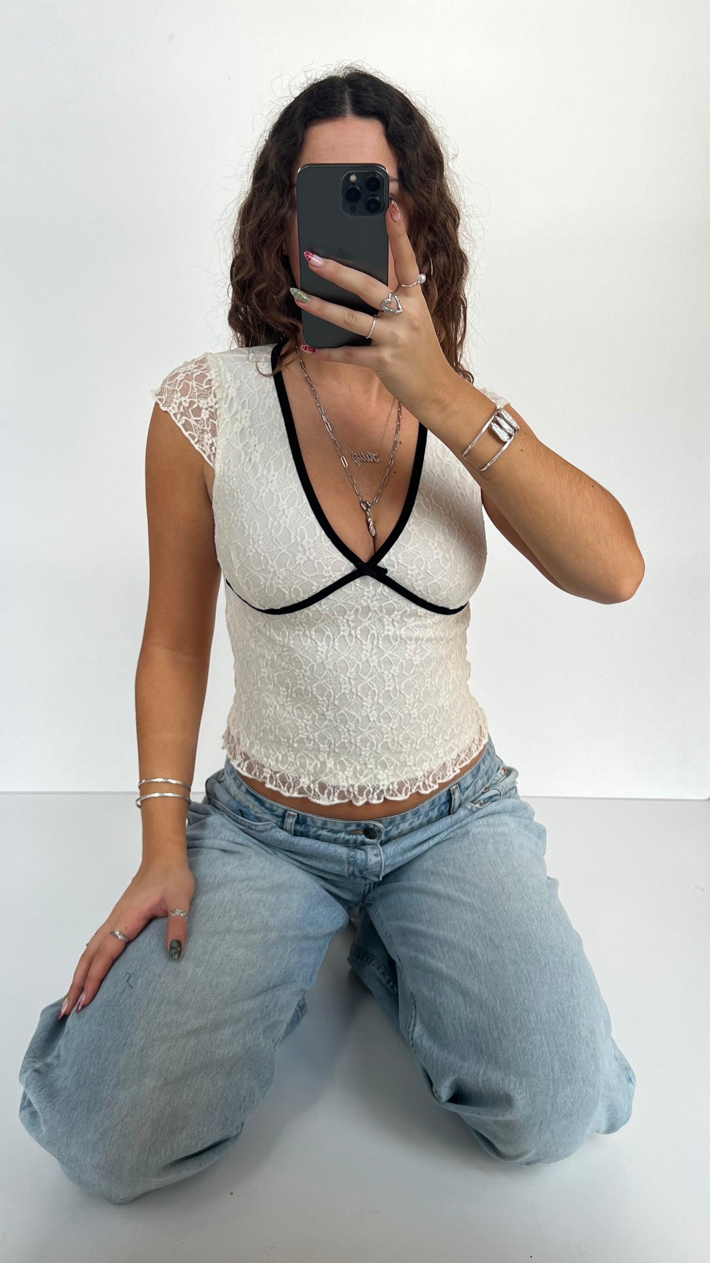 00s white lace babydoll top- size S