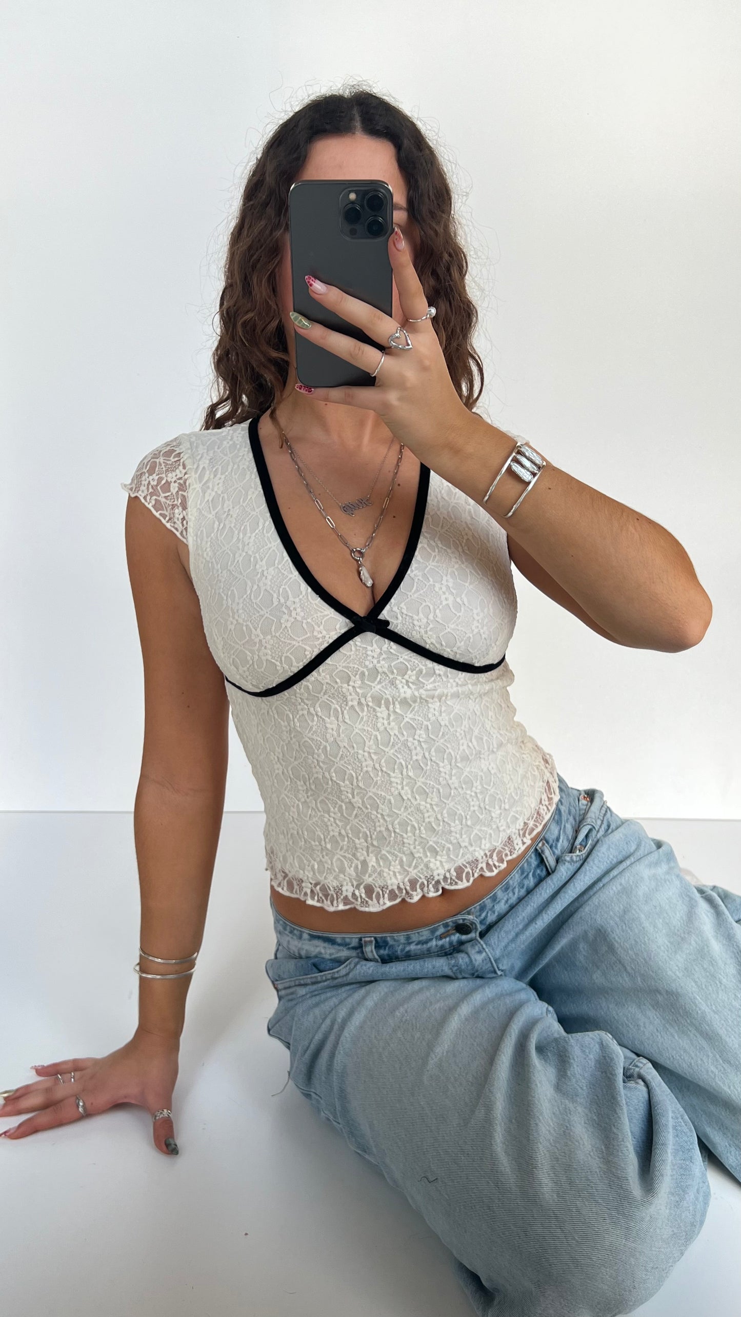 00s white lace babydoll top- size S