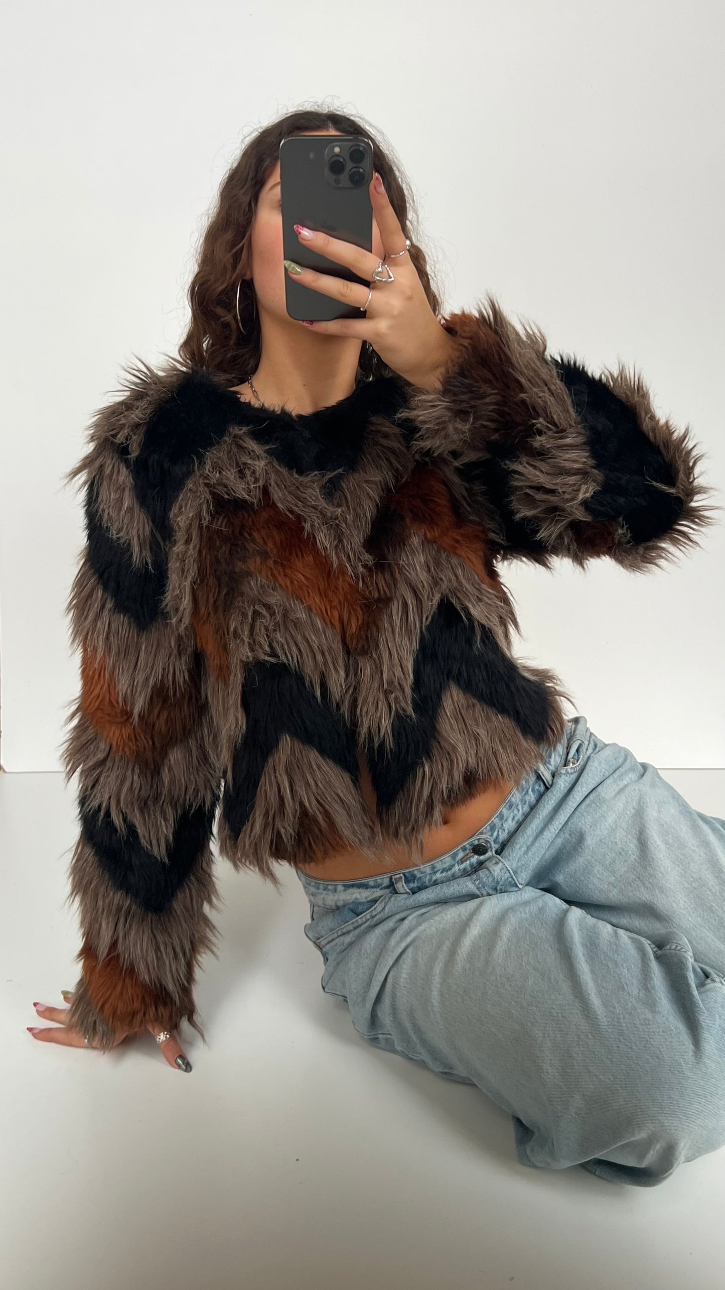00s black orange fur jacket- size L
