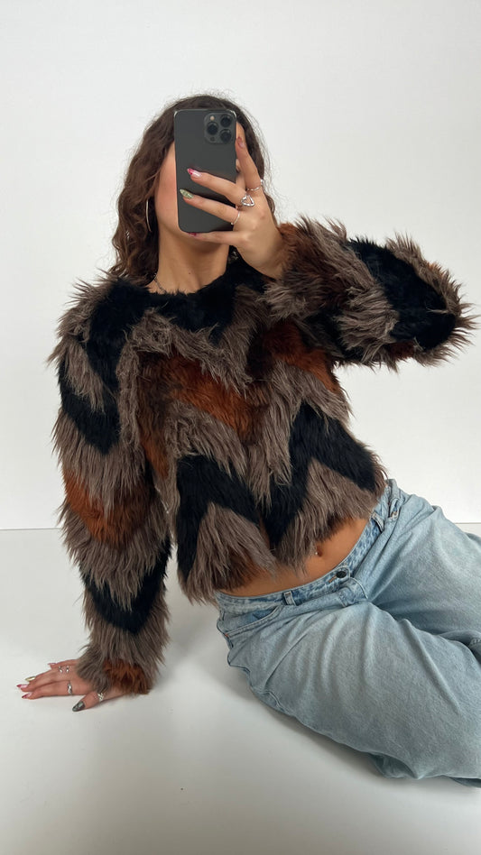 00s black orange fur jacket- size L