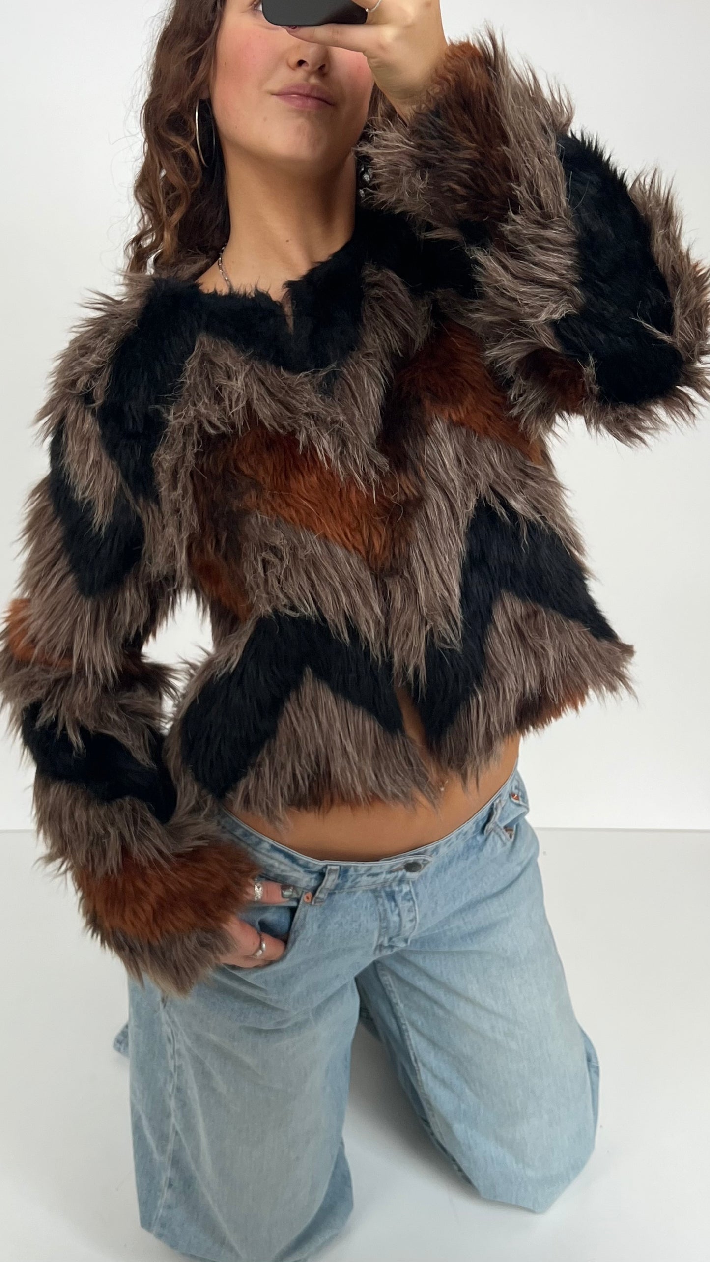 00s black orange fur jacket- size L