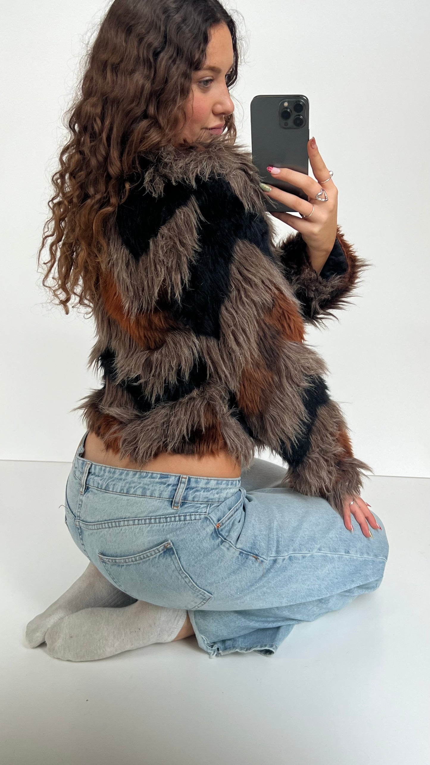 00s black orange fur jacket- size L