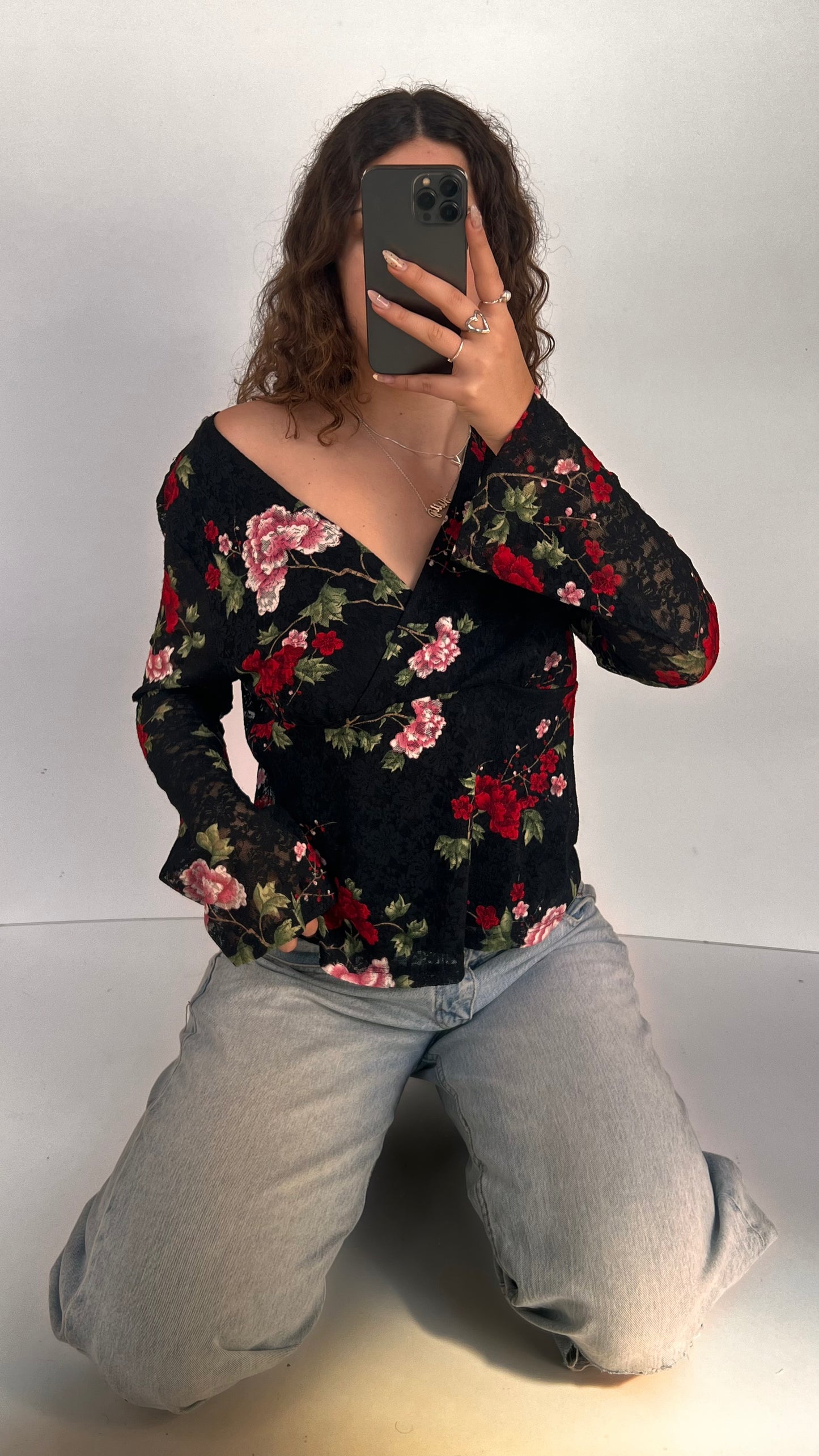 00s black lace floral top- size XL