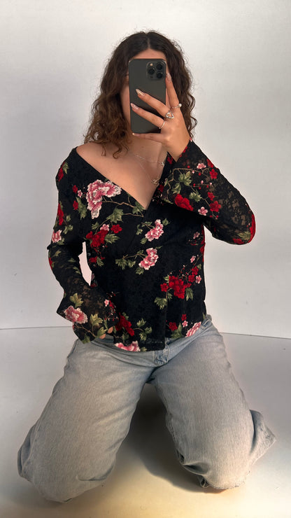 00s black lace floral top- size XL