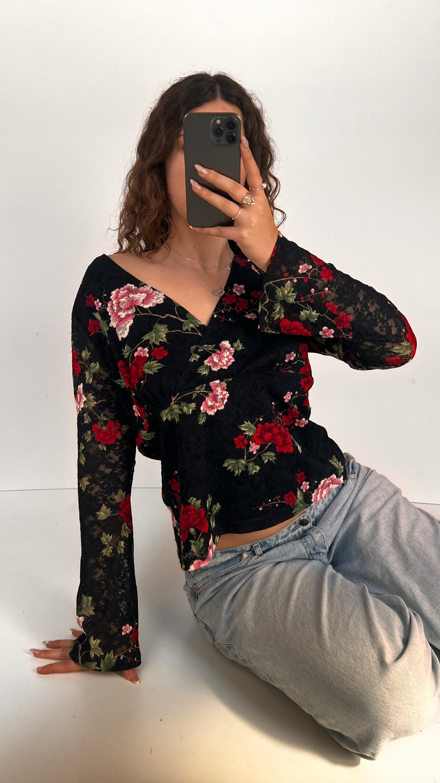 00s black lace floral top- size XL