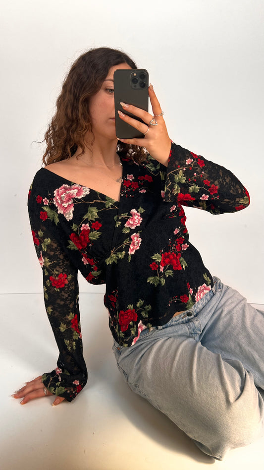 00s black lace floral top- size XL