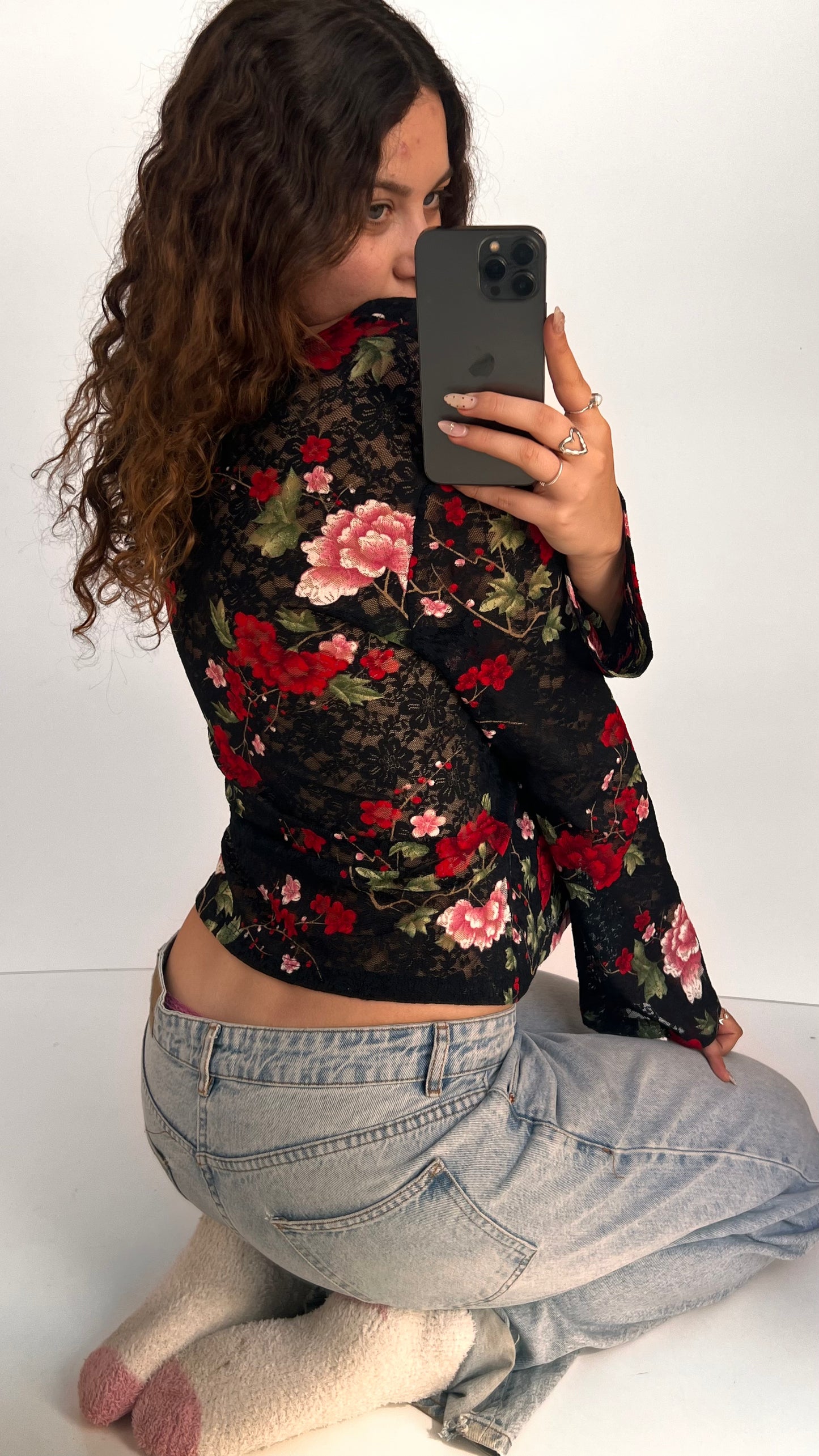 00s black lace floral top- size XL