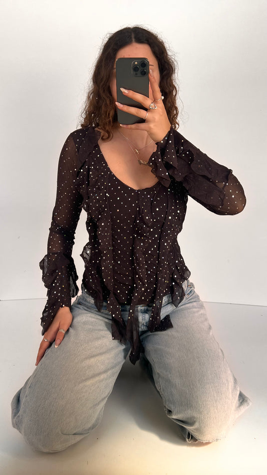 00s brown ruffle mesh top- size S
