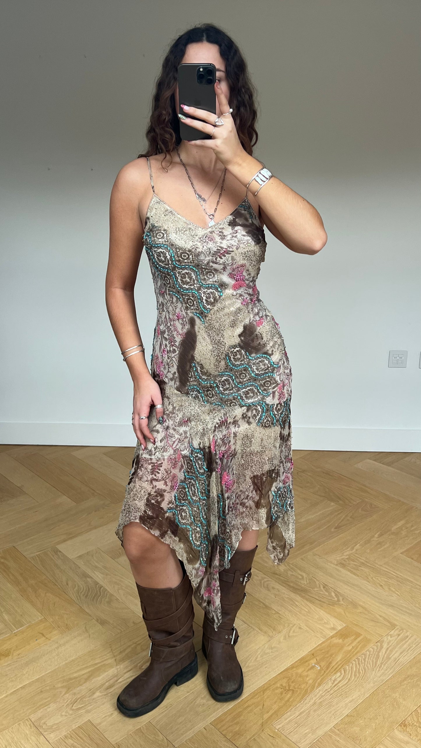 00s brown Sue Wong beaded midi dress- size S