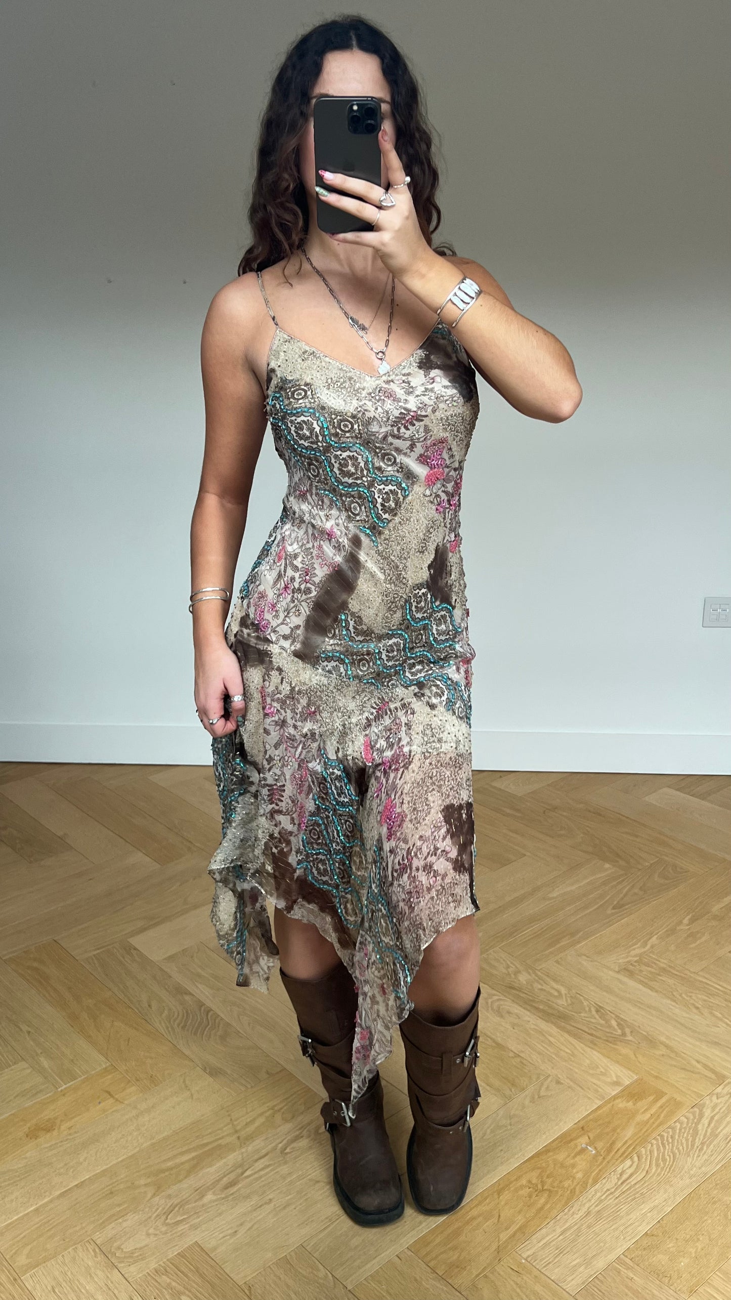 00s brown Sue Wong beaded midi dress- size S