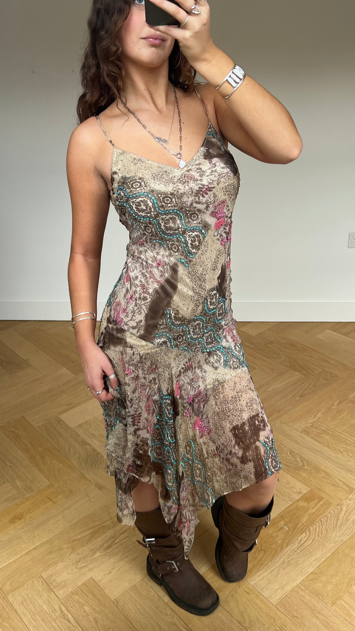 00s brown Sue Wong beaded midi dress- size S