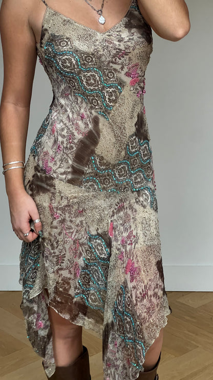 00s brown Sue Wong beaded midi dress- size S